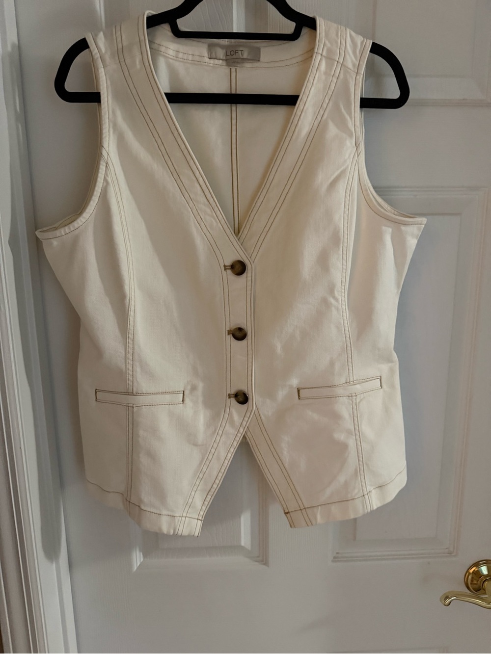 LOFT Cream Button-Front Tailored Vest with Contrast Topstitching